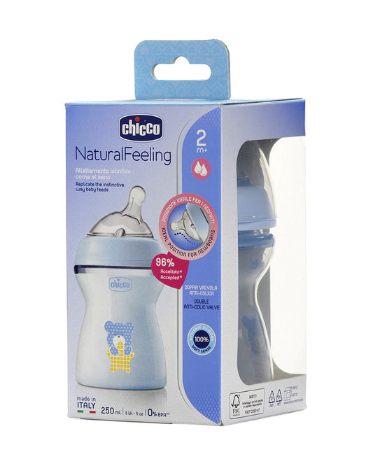 Chicco Natural Feeling Feeding Bottle-Angled Teat-Anti Colic-Slow Flow-250 ml-Blue-2M+