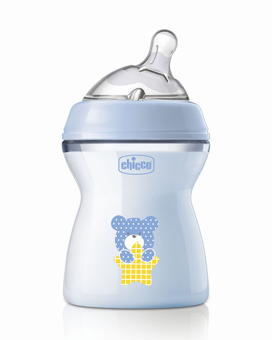 Chicco Natural Feeling Feeding Bottle-Angled Teat-Anti Colic-Slow Flow-250 ml-Blue-2M+