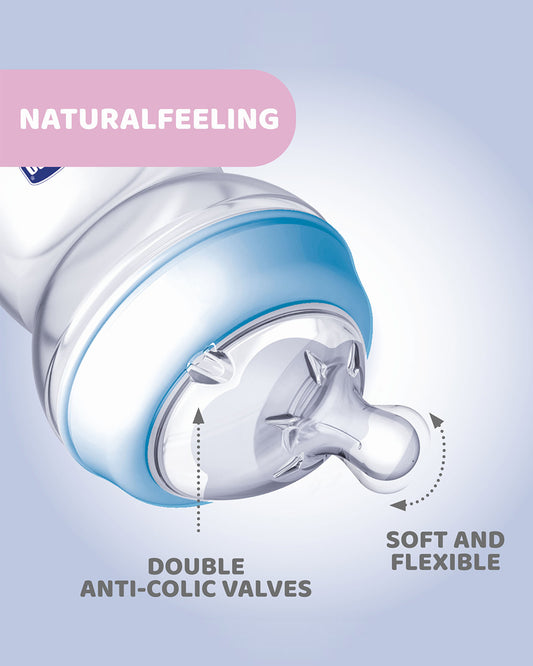 Chicco Natural Feeling Feeding Bottle-Angled Teat-Anti Colic-Slow Flow-250 ml-Blue-2M+