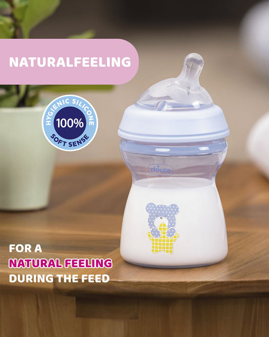 Chicco Natural Feeling Feeding Bottle-Angled Teat-Anti Colic-Slow Flow-250 ml-Blue-2M+