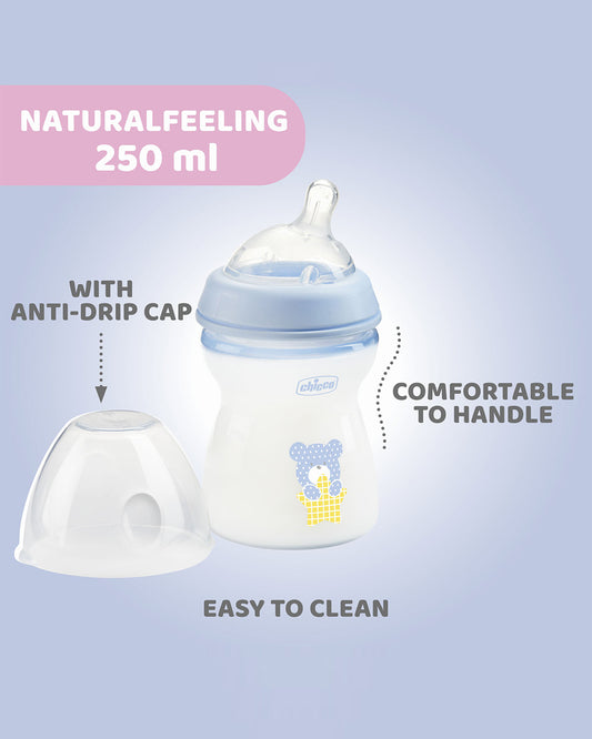 Chicco Natural Feeling Feeding Bottle-Angled Teat-Anti Colic-Slow Flow-250 ml-Blue-2M+