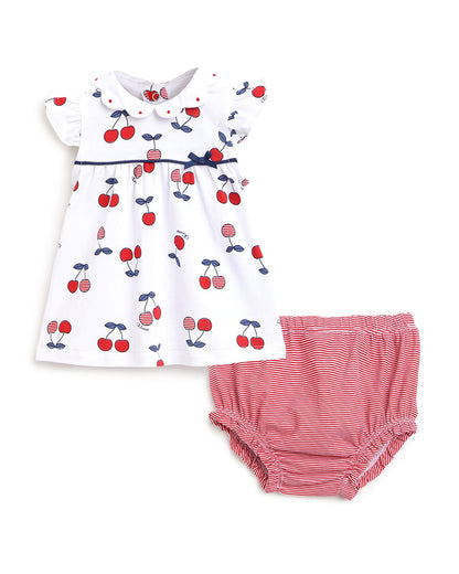 Chicco White and Red Dress with Bloomers-Printed-Cotton-For Infants