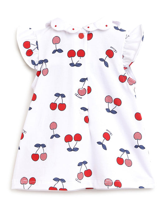 Chicco White and Red Dress with Bloomers-Printed-Cotton-For Infants