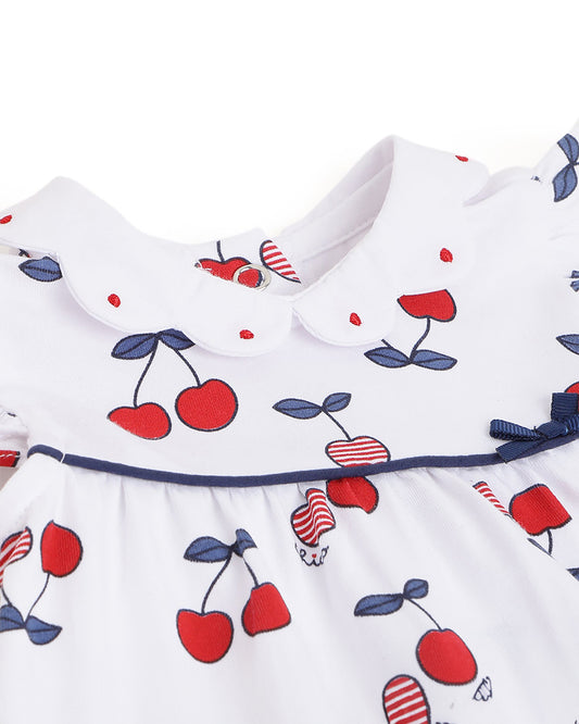 Chicco White and Red Dress with Bloomers-Printed-Cotton-For Infants