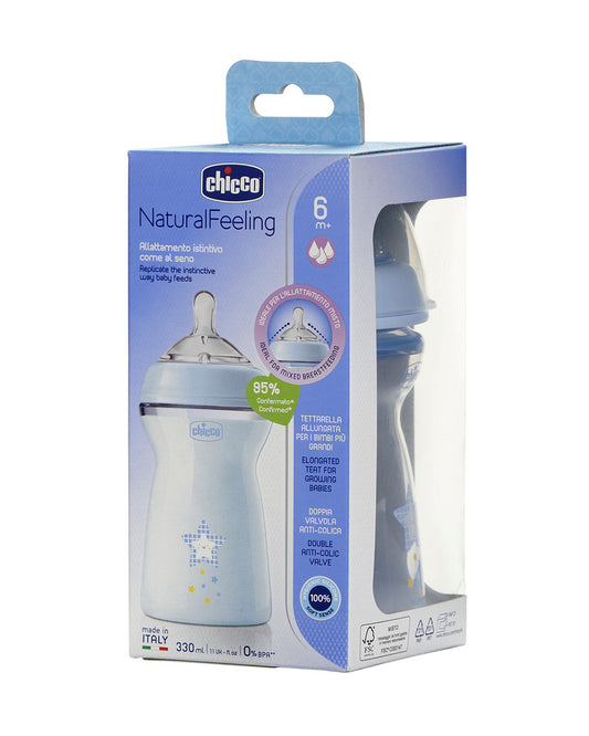 Chicco Natural Feeling Feeding Bottle-Anti Colic-Fast Flow-330 ml-Blue-6M+