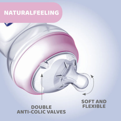 Chicco Natural Feeling Feeding Bottle-Angled Teat-Anti Colic-Slow Flow-150 ml-Pink-0M+