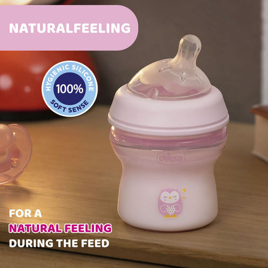 Chicco Natural Feeling Feeding Bottle-Angled Teat-Anti Colic-Slow Flow-150 ml-Pink-0M+