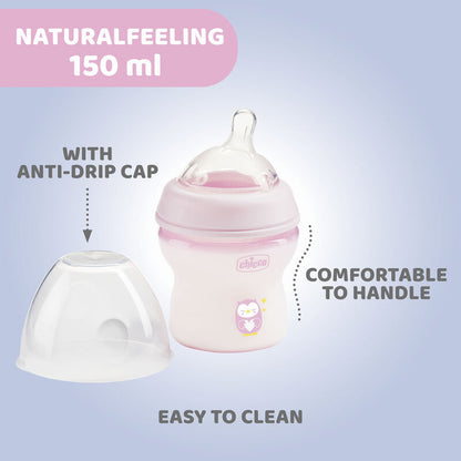 Chicco Natural Feeling Feeding Bottle-Angled Teat-Anti Colic-Slow Flow-150 ml-Pink-0M+