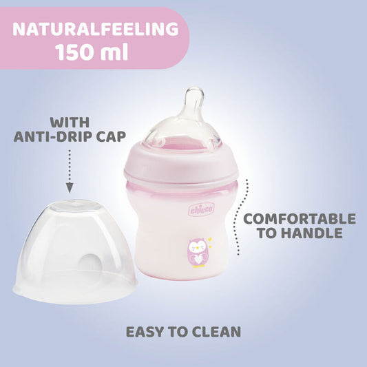 Chicco Natural Feeling Feeding Bottle-Angled Teat-Anti Colic-Slow Flow-150 ml-Pink-0M+