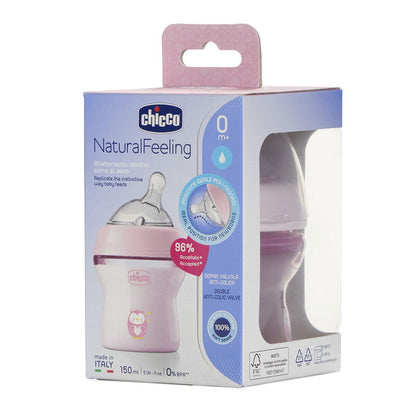 Chicco Natural Feeling Feeding Bottle-Angled Teat-Anti Colic-Slow Flow-150 ml-Pink-0M+