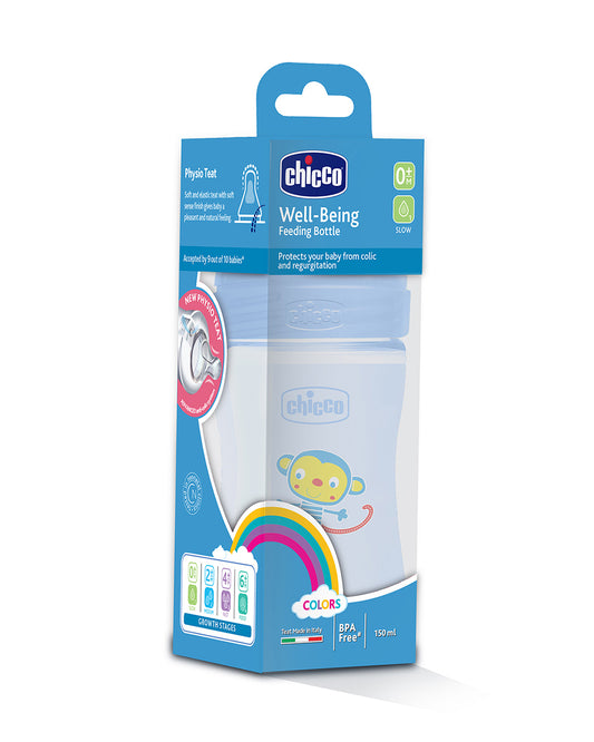 Chicco Well Being Feeding Bottle-Anti Colic-Slow Flow-150 ml-Blue-0M+