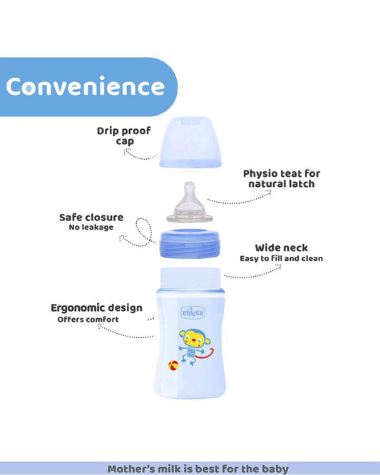 Chicco Well Being Feeding Bottle-Anti Colic-Slow Flow-150 ml-Blue-0M+