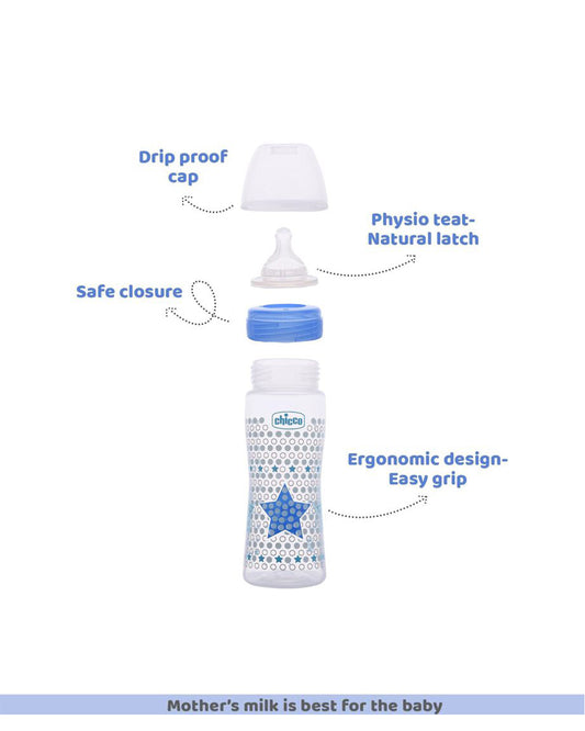 Chicco Well Being Feeding Bottle-Anti Colic-Fast Flow-330 ml-Blue-4M+