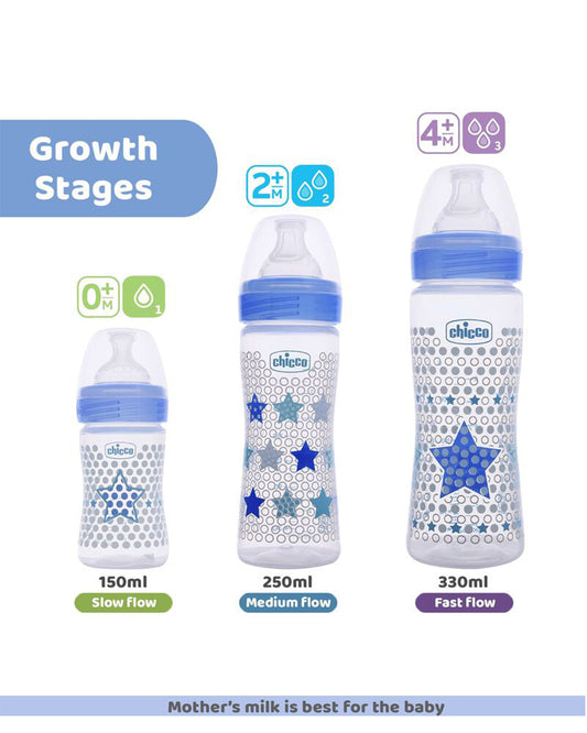 Chicco Well Being Feeding Bottle-Anti Colic-Fast Flow-330 ml-Blue-4M+