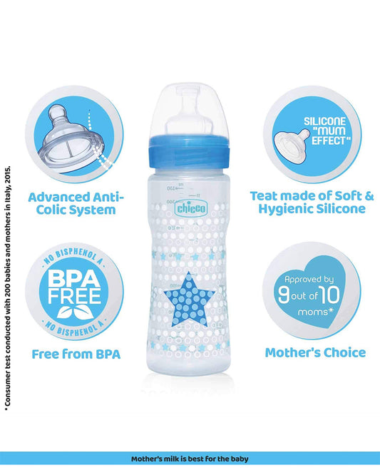 Chicco Well Being Feeding Bottle-Anti Colic-Fast Flow-330 ml-Blue-4M+