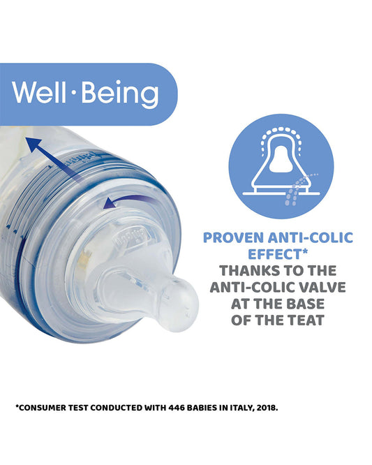 Chicco Well Being Feeding Bottle-Anti Colic-Fast Flow-330 ml-Blue-4M+