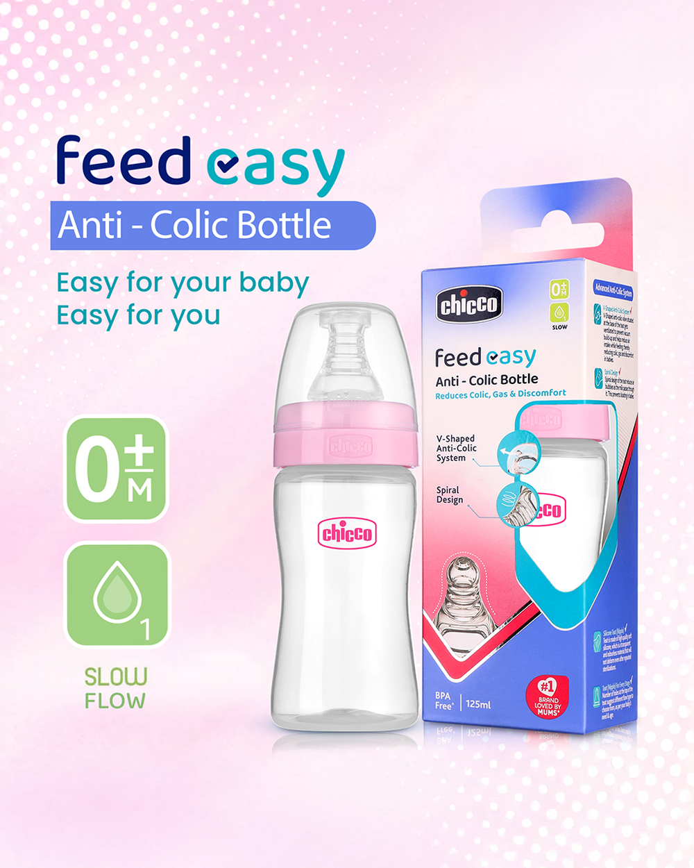 Chicco Feed Easy Feeding Bottle-Anti Colic-Slow Flow-125 ml-Pink-0M+