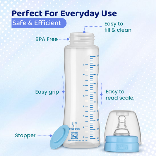 Chicco Feed Easy Feeding Bottle-Anti Colic-Medium Flow-250 ml-Blue-2M+