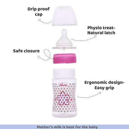 Chicco Well Being Feeding Bottle-Anti Colic-Slow Flow-150 ml-Pink-0M+