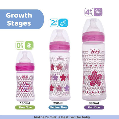 Chicco Well Being Feeding Bottle-Anti Colic-Slow Flow-150 ml-Pink-0M+