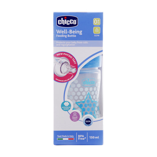 Chicco Well Being Feeding Bottle-Anti Colic System-Slow Flow-150 ml-Blue-0M+