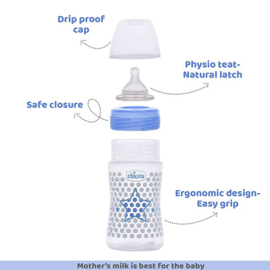 Chicco Well Being Feeding Bottle-Anti Colic System-Slow Flow-150 ml-Blue-0M+