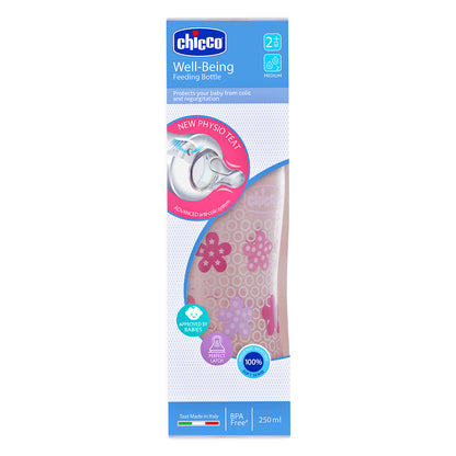 Chicco Well Being Feeding Bottle-Anti Colic-Medium Flow-250 ml-Pink-2M+