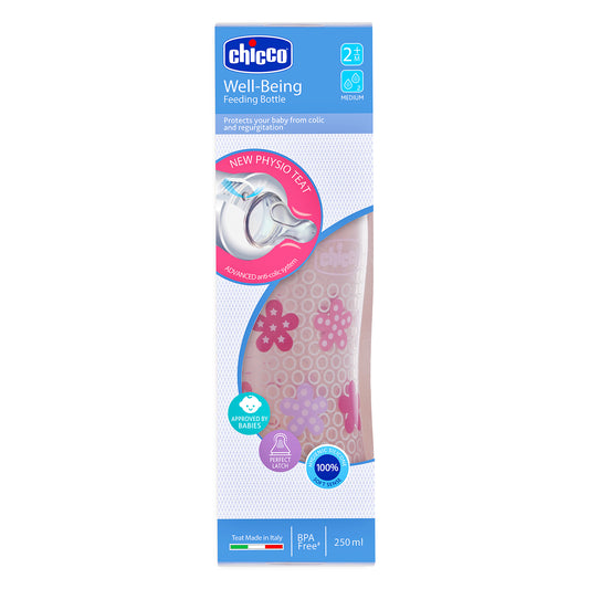 Chicco Well Being Feeding Bottle-Anti Colic-Medium Flow-250 ml-Pink-2M+