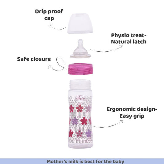 Chicco Well Being Feeding Bottle-Anti Colic-Medium Flow-250 ml-Pink-2M+