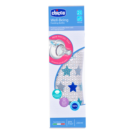 Chicco Well Being Feeding Bottle-Anti Colic-Medium Flow-250 ml-Blue-2M+