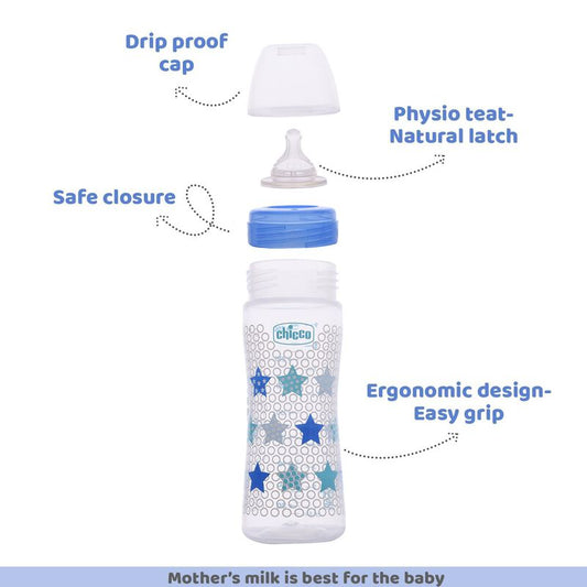 Chicco Well Being Feeding Bottle-Anti Colic-Medium Flow-250 ml-Blue-2M+