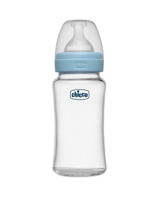 Chicco Well Being Glass Feeding Bottle-Anti Colic-Wide Neck-Medium Flow-240 ml-Blue-2M+