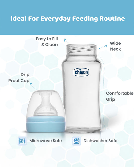 Chicco Well Being Glass Feeding Bottle-Anti Colic-Wide Neck-Medium Flow-240 ml-Blue-2M+