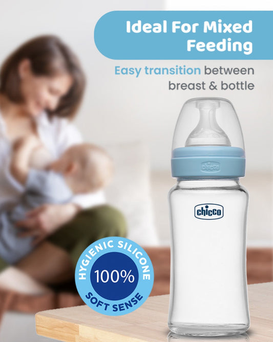 Chicco Well Being Glass Feeding Bottle-Anti Colic-Wide Neck-Medium Flow-240 ml-Blue-2M+