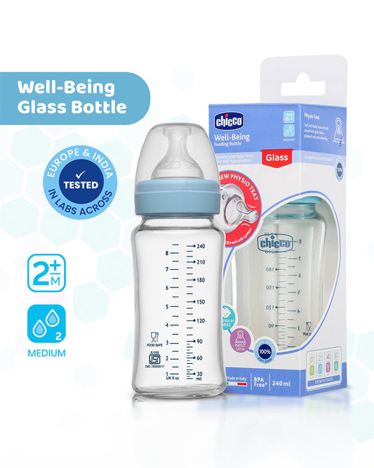 Chicco Well Being Glass Feeding Bottle-Anti Colic-Wide Neck-Medium Flow-240 ml-Blue-2M+