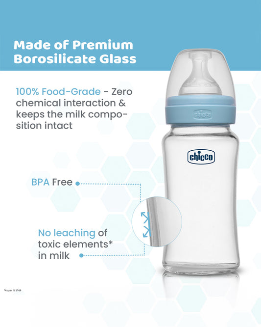 Chicco Well Being Glass Feeding Bottle-Anti Colic-Wide Neck-Medium Flow-240 ml-Blue-2M+