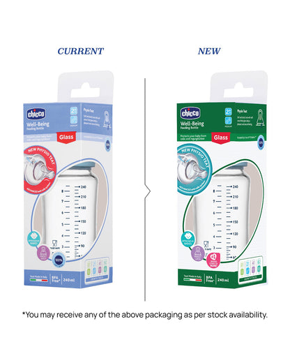 Chicco Well Being Glass Feeding Bottle-Anti Colic-Wide Neck-Medium Flow-240 ml-Blue-2M+