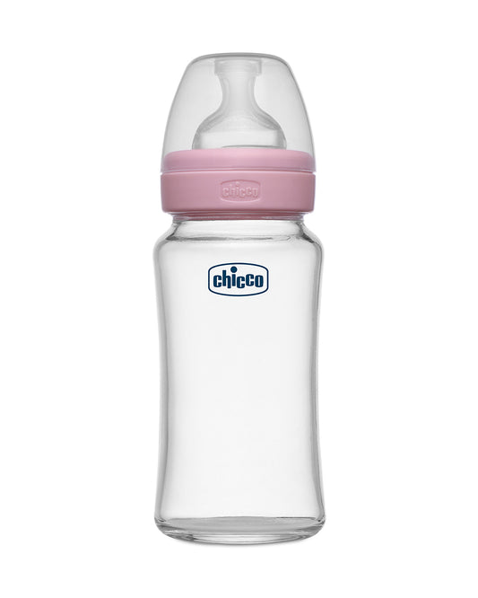 Chicco Well Being Glass Feeding Bottle-Anti Colic-Wide Neck-Medium Flow-240 ml-Pink-2M+