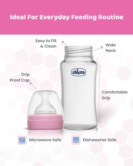 Chicco Well Being Glass Feeding Bottle-Anti Colic-Wide Neck-Medium Flow-240 ml-Pink-2M+