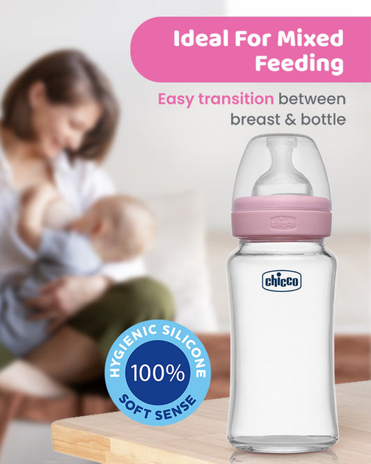 Chicco Well Being Glass Feeding Bottle-Anti Colic-Wide Neck-Medium Flow-240 ml-Pink-2M+