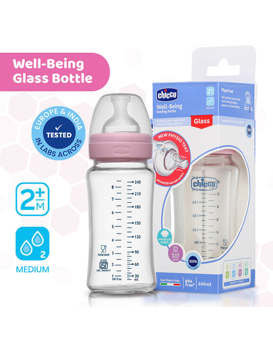 Chicco Well Being Glass Feeding Bottle-Anti Colic-Wide Neck-Medium Flow-240 ml-Pink-2M+