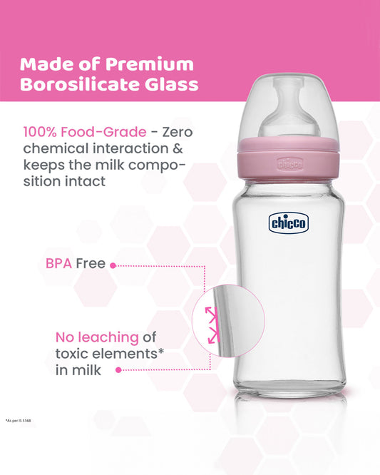 Chicco Well Being Glass Feeding Bottle-Anti Colic-Wide Neck-Medium Flow-240 ml-Pink-2M+