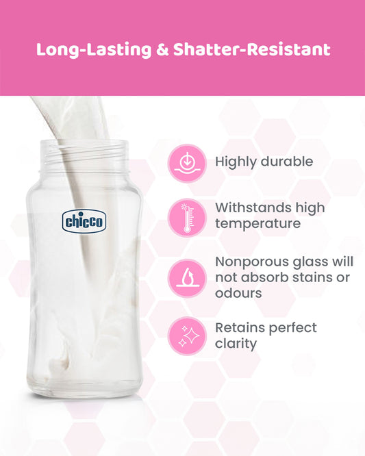 Chicco Well Being Glass Feeding Bottle-Anti Colic-Wide Neck-Medium Flow-240 ml-Pink-2M+