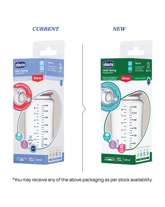Chicco Well Being Glass Feeding Bottle-Anti Colic-Wide Neck-Medium Flow-240 ml-Pink-2M+