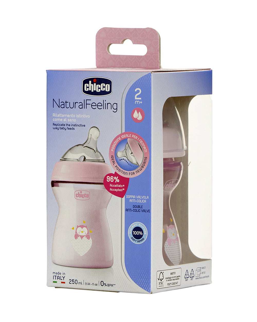 Chicco Natural Feeling Feeding Bottle-Angled Teat-Anti Colic-Slow Flow-250 ml-Pink-2M+