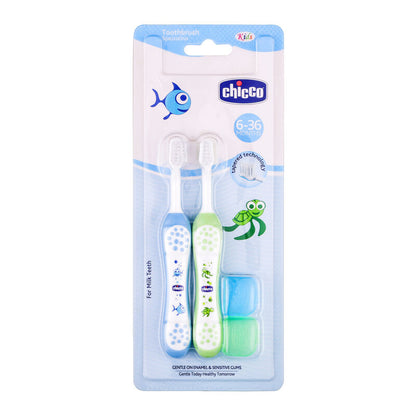 Chicco Baby Toothbrush Set-6 to 36 Months-Blue & Green-Pack of 2