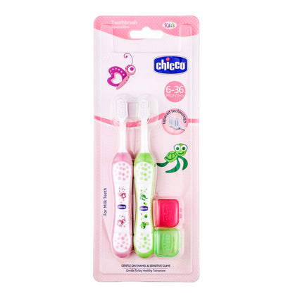 Chicco Baby Toothbrush Set-6 to 36 Months-Pink & Green-Pack of 2