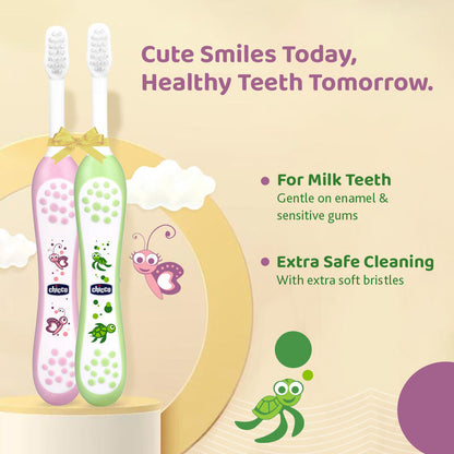 Chicco Baby Toothbrush Set-6 to 36 Months-Pink & Green-Pack of 2