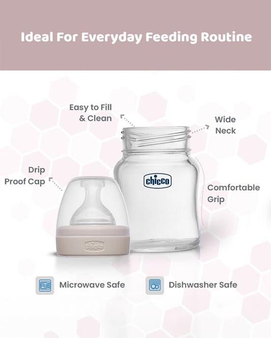 Chicco Well Being Glass Feeding Bottle-Anti Colic-Wide Neck-Slow Flow-120 ml-Neutral-0M+