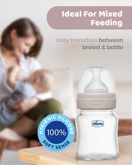 Chicco Well Being Glass Feeding Bottle-Anti Colic-Wide Neck-Slow Flow-120 ml-Neutral-0M+